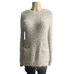 Katsumi Anthropologie Fuzzy Long Pullover Sweater Pockets Gray &‎ Cream Medium